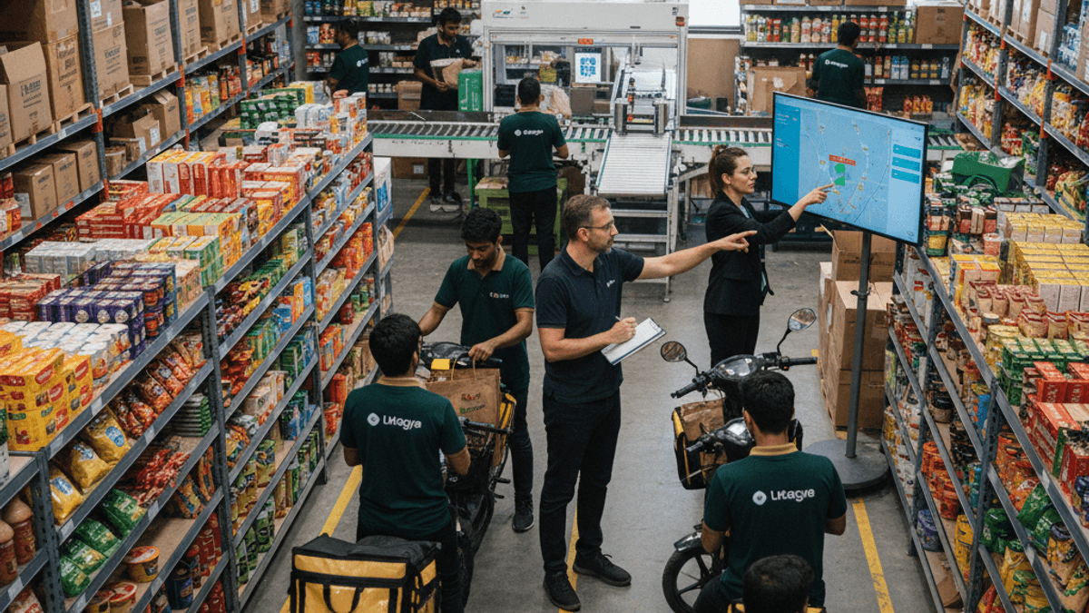 Wide shot of a busy dark store. Managers review screens, while employees on bikes and on foot sort items and prepare orders from shelves.