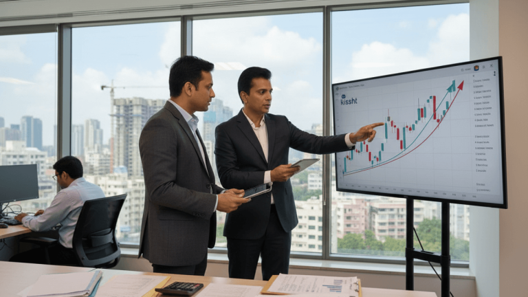 Two Indian executives in suits review a large screen displaying a financial chart, with one pointing at the data.