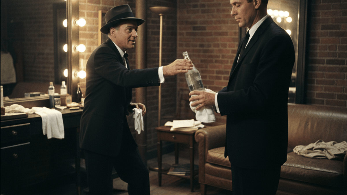 A man in a suit hands a bottle of water wrapped in a towel to another man, resembling Frank Sinatra, in a dressing room.