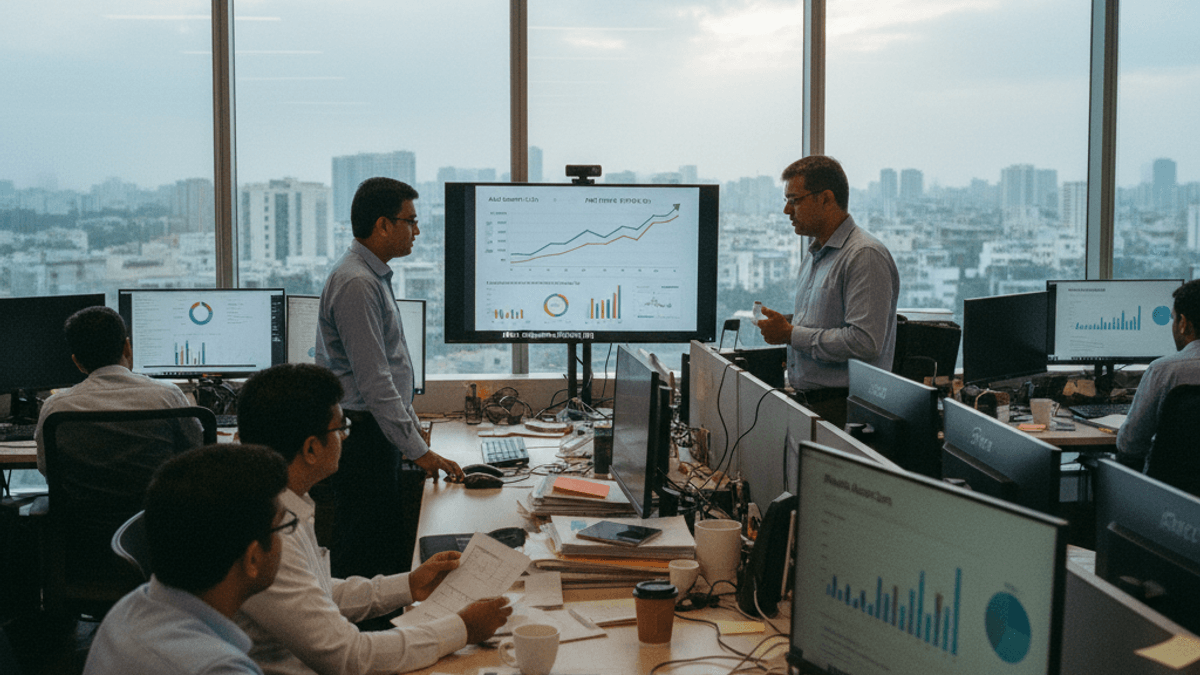 Two executives in an office standing by a screen displaying charts, surrounded by other employees working at their desks.