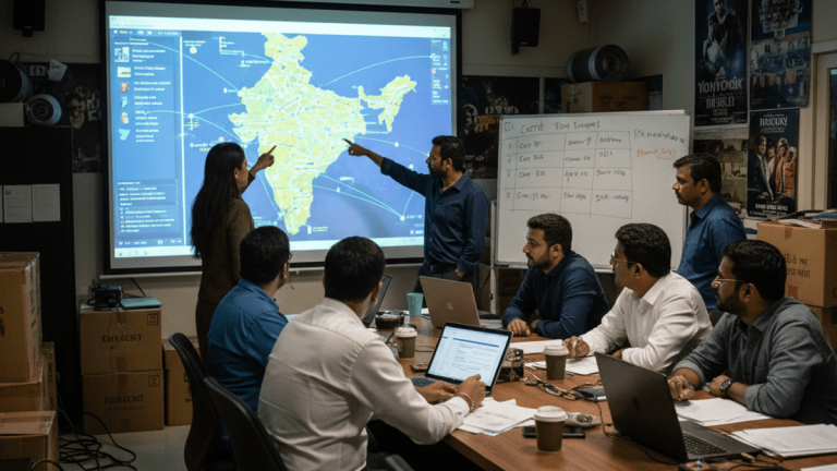 A group of Bollywood executives in a meeting room, pointing at a map of India projected on a screen, discussing distribution.