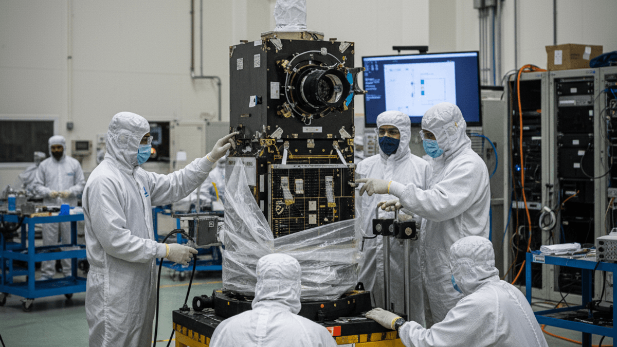 A team of five engineers in white cleanroom suits and masks work on a large satellite module in a brightly lit industrial cleanroom.
