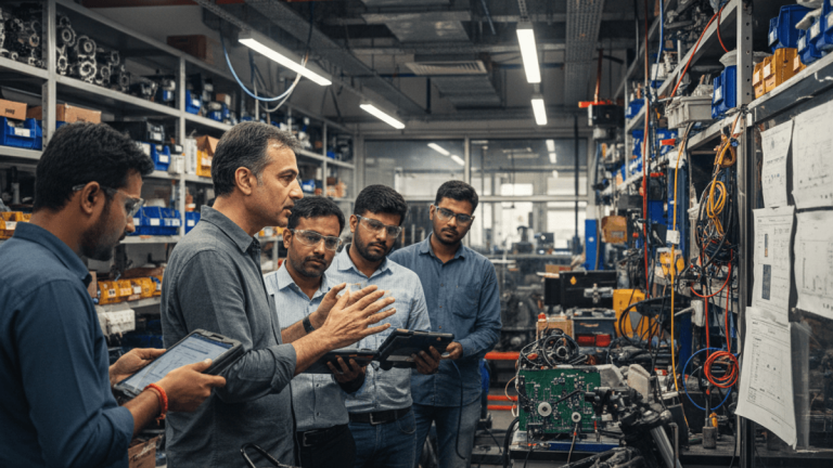 Sachin Agrawal, the new CTO, leads a discussion with four engineers in a bustling automotive R&D lab.