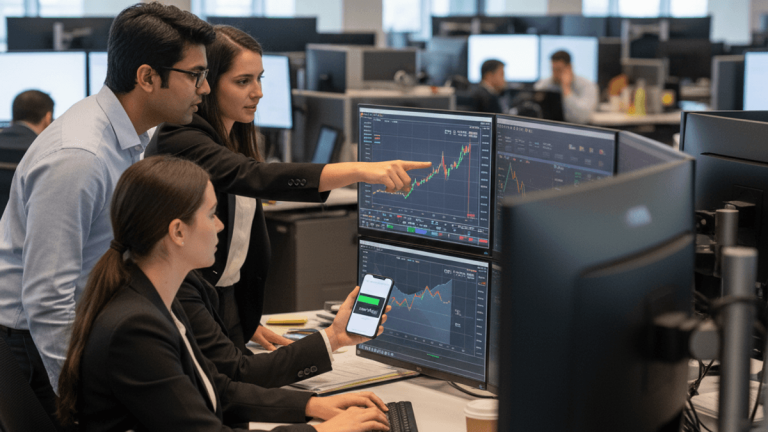 Three financial professionals, two women and one man, intently observe multiple screens displaying stock charts and data in an active trading office.