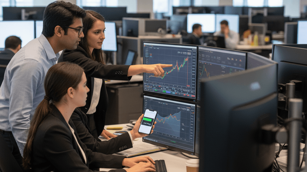 Three financial professionals, two women and one man, intently observe multiple screens displaying stock charts and data in an active trading office.