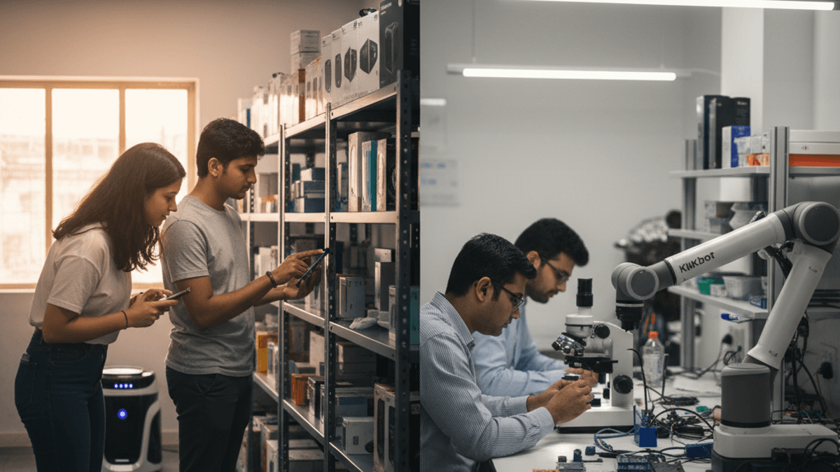 Split image: Left shows two young Indian professionals managing inventory in a bright quick-commerce warehouse; right shows engineers working with a robotic arm in a dimly lit lab.
