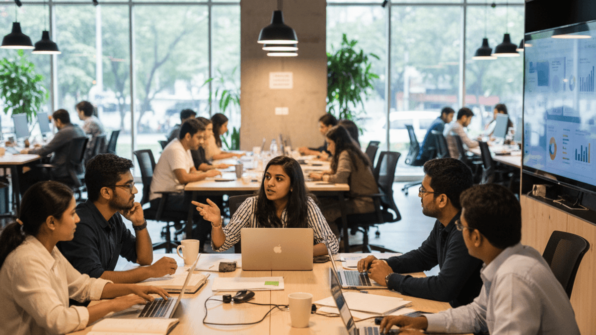 A group of young professionals engaged in a meeting around a large wooden table in a bustling co-working office.