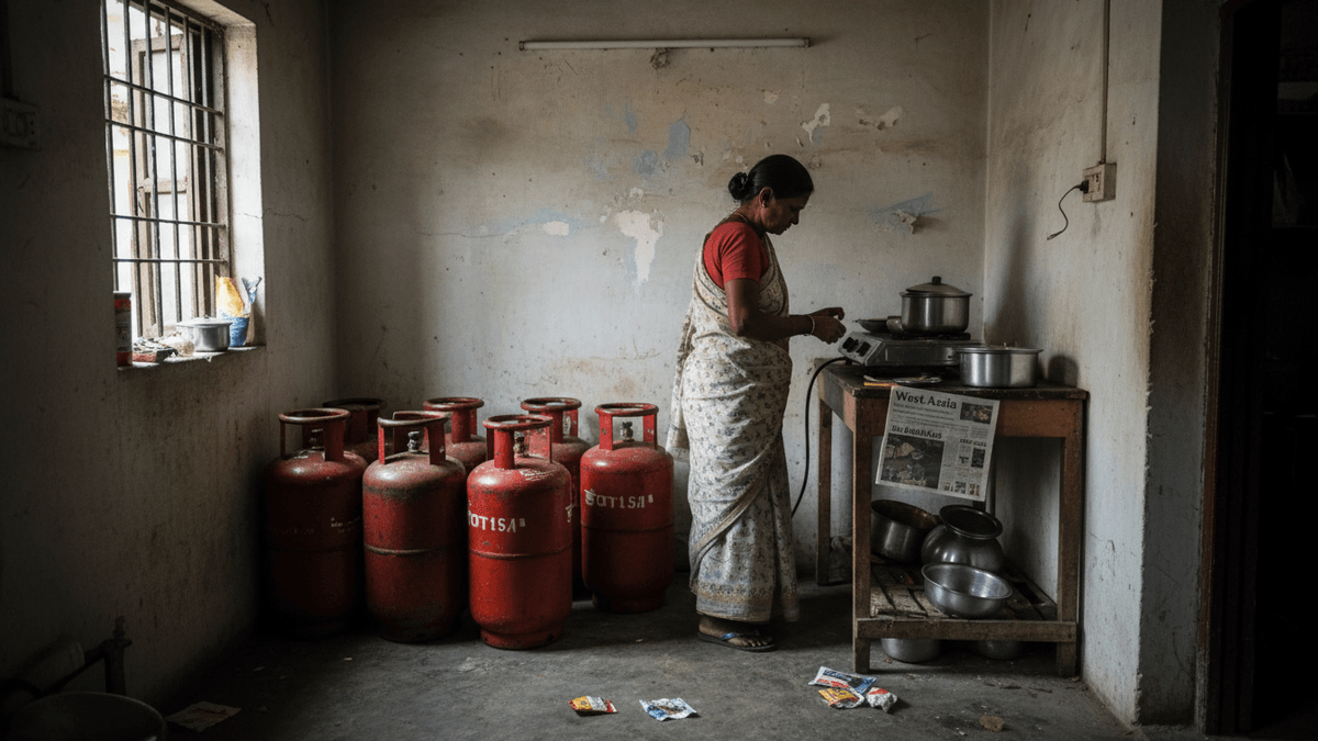 An Indian woman in a saree cooks on a small stove in a sparsely furnished kitchen, surrounded by several red LPG cylinders.