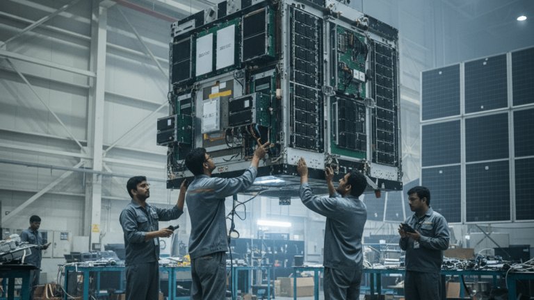 Four engineers in grey overalls work together to maneuver a large, intricate satellite module suspended by an overhead crane in a factory.