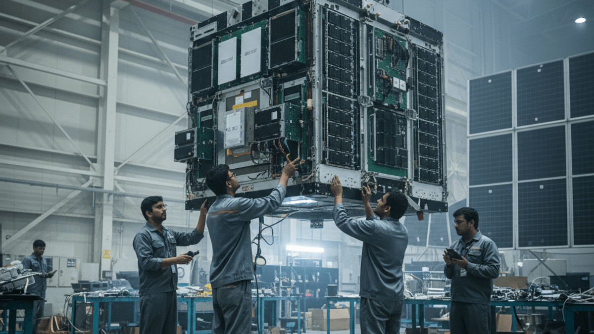 Four engineers in grey overalls work together to maneuver a large, intricate satellite module suspended by an overhead crane in a factory.