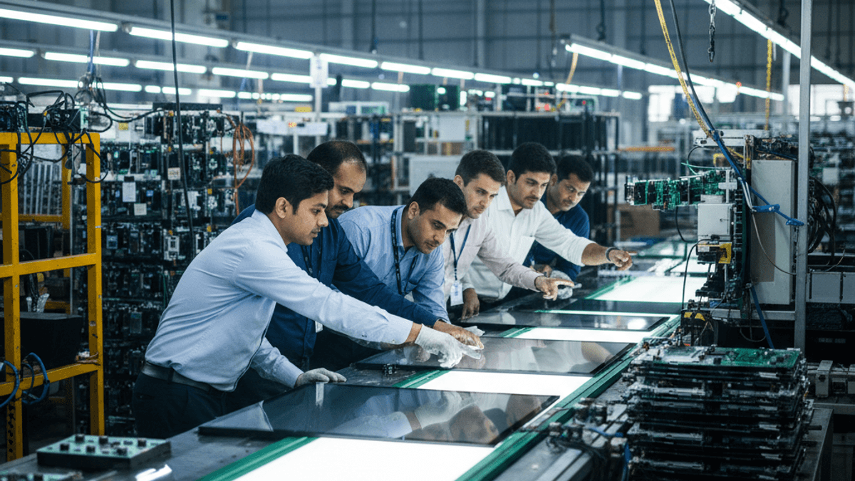A group of Indian engineers in an electronics manufacturing plant, focused on inspecting display panels on an assembly line.