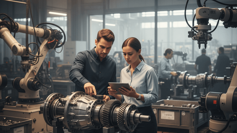 Two engineers, a man and a woman, inspecting complex EV drivetrain parts in a busy, well-lit manufacturing facility.