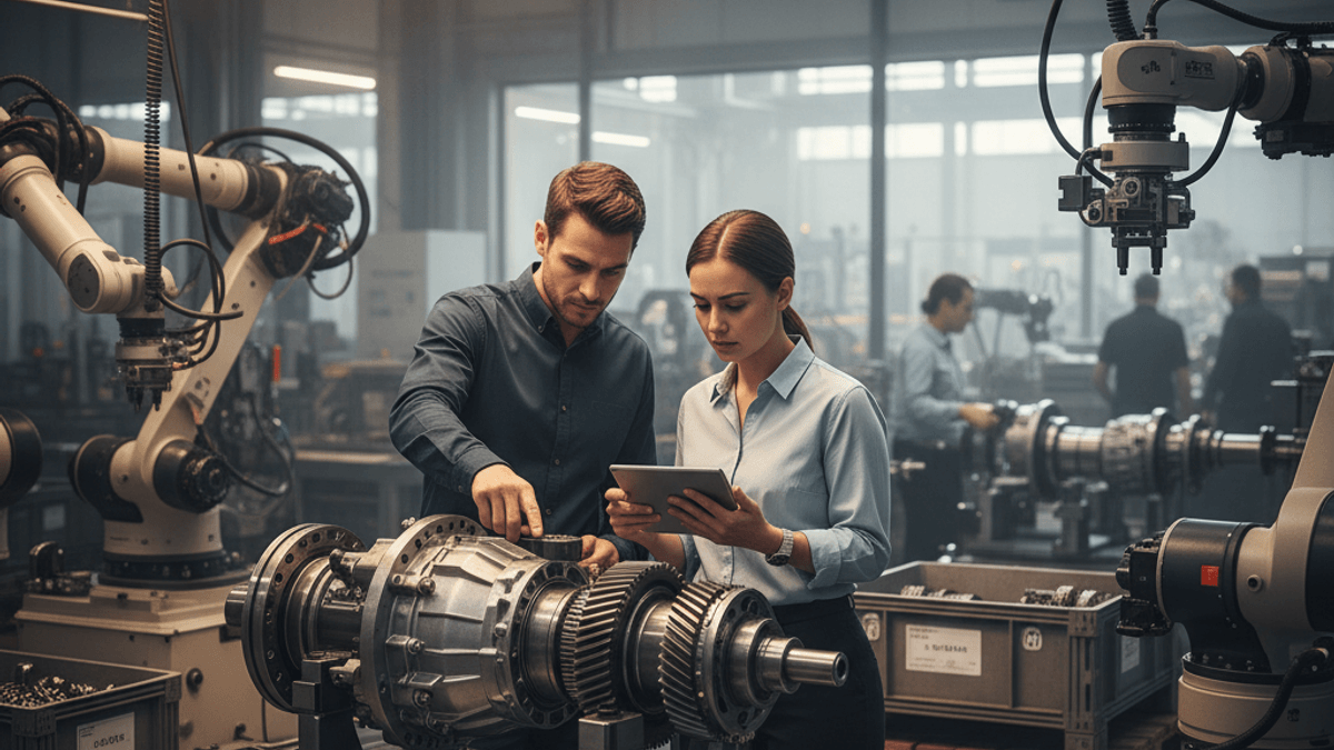 Two engineers, a man and a woman, inspecting complex EV drivetrain parts in a busy, well-lit manufacturing facility.
