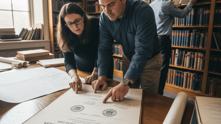 Two lawyers, a man and a woman, point at a large legal document on a wooden table in a sunlit library.