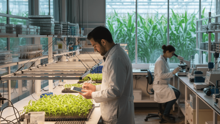 Two agronomists in white lab coats work in a bright, modern greenhouse laboratory with seedlings and scientific equipment.