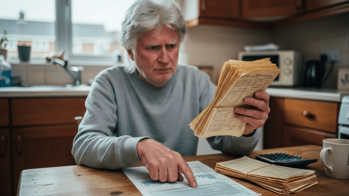 A senior man with grey hair sits at a kitchen table, intently reviewing financial documents and old papers.