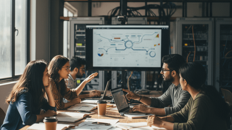 A diverse team in a bustling office environment, focused on laptops and a large screen displaying growth charts.