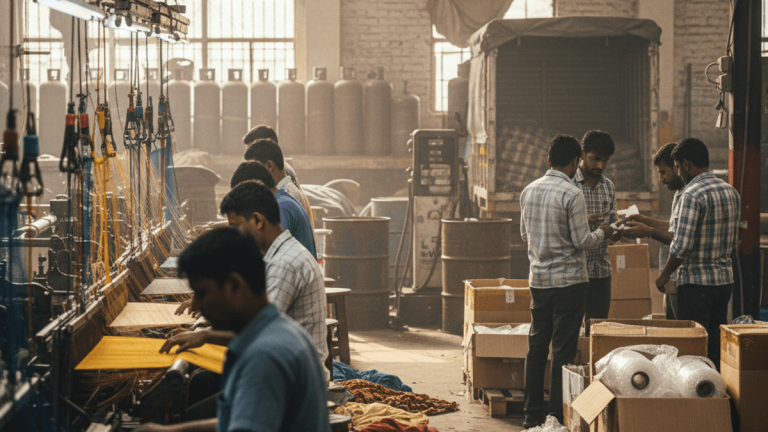 Indian factory workers in a bustling textile plant, some operating looms, others managing inventory and discussing.