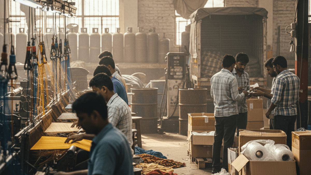 Indian factory workers in a bustling textile plant, some operating looms, others managing inventory and discussing.