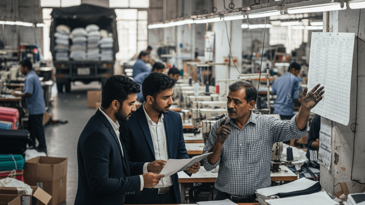 Two young Indian men in suits review documents with an older factory manager in a bustling garment manufacturing plant.