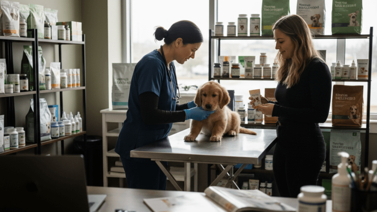 A vet checks a puppy on an examination table, while a woman reviews items on a shelf in a clinic.
