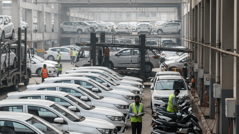 Workers in safety vests oversee rows of white cars and charging electric scooters at an Indian auto dispatch facility.