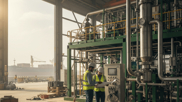 Two engineers in hard hats and safety vests examining blueprints next to a large control panel and complex machinery, with a port and cargo ships visible in the background.