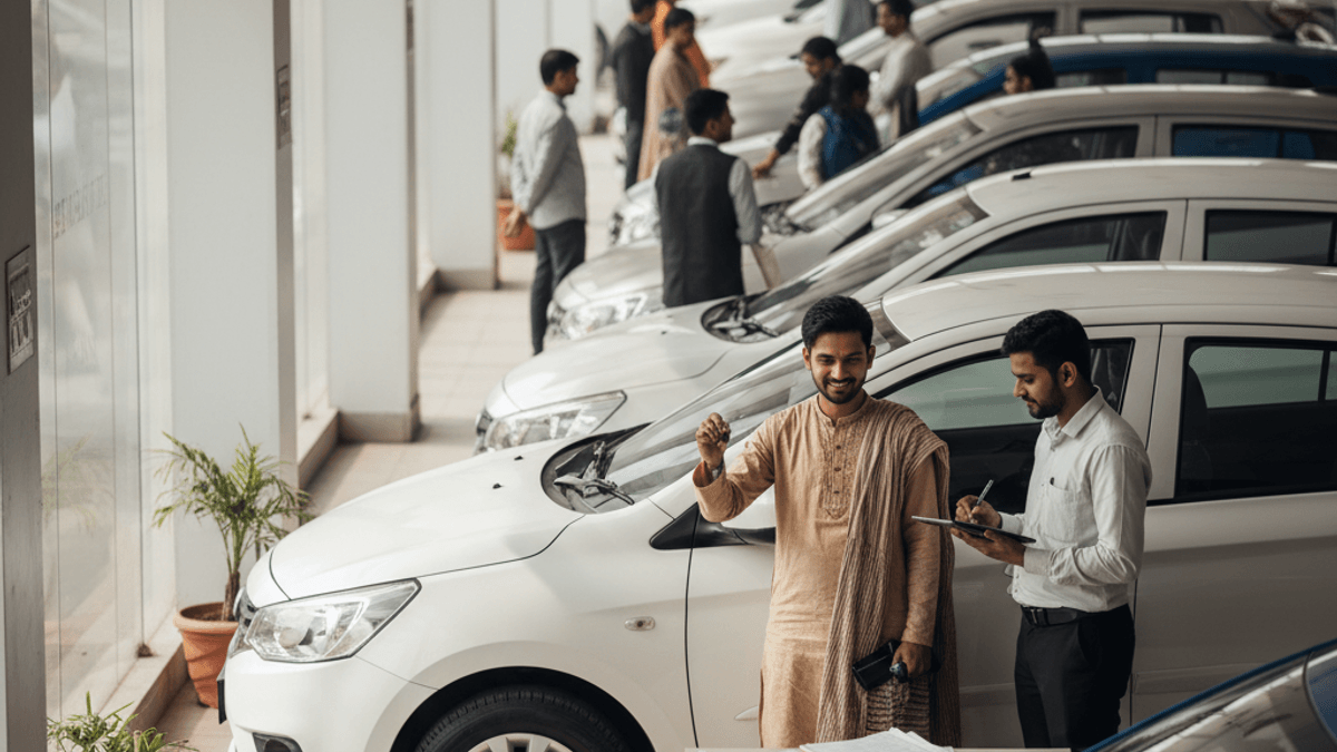 A man in traditional Indian attire smiles, holding car keys, while a salesman in a white shirt records details in a busy car showroom.