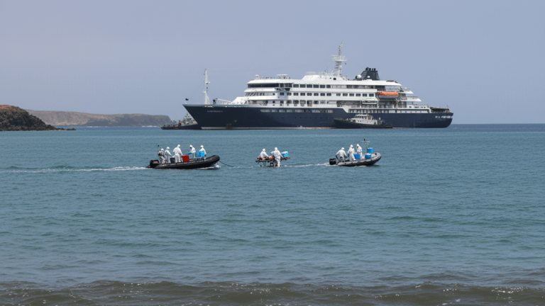 Three inflatable boats carrying masked medical personnel and supplies approach a large cruise ship anchored in calm ocean waters.