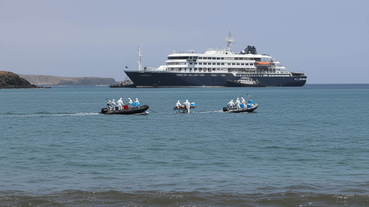 Three inflatable boats carrying masked medical personnel and supplies approach a large cruise ship anchored in calm ocean waters.