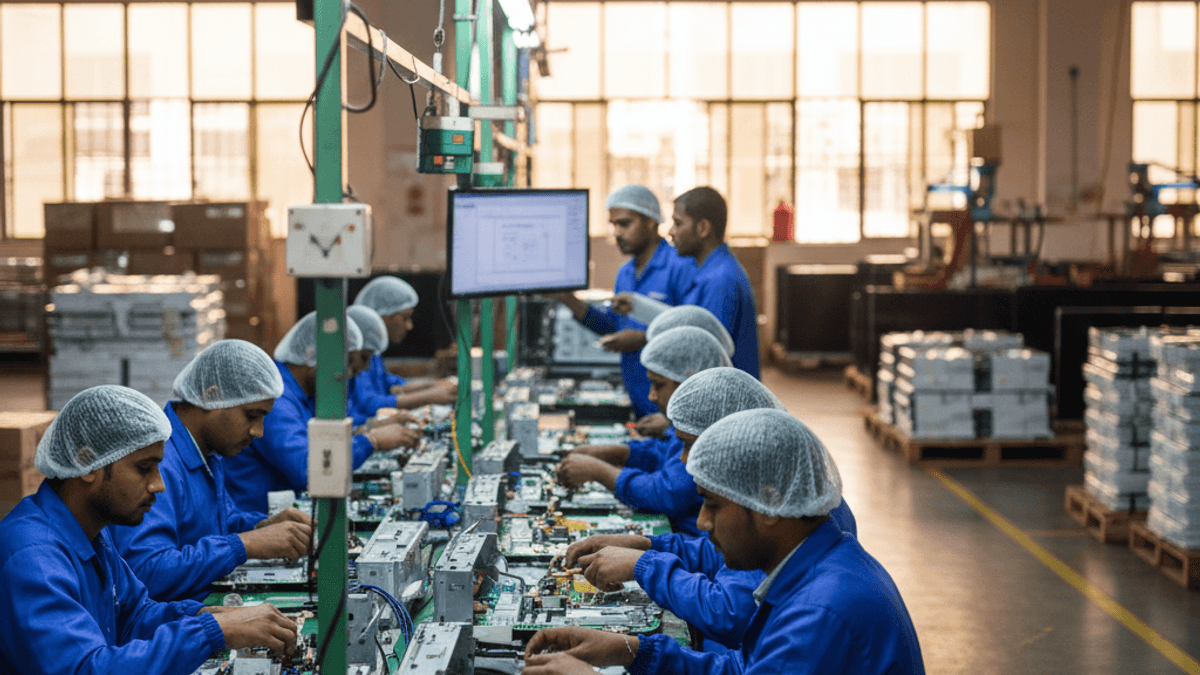 A raw photograph showing Indian factory workers in blue jumpsuits and hairnets assembling circuit boards on a long production line.
