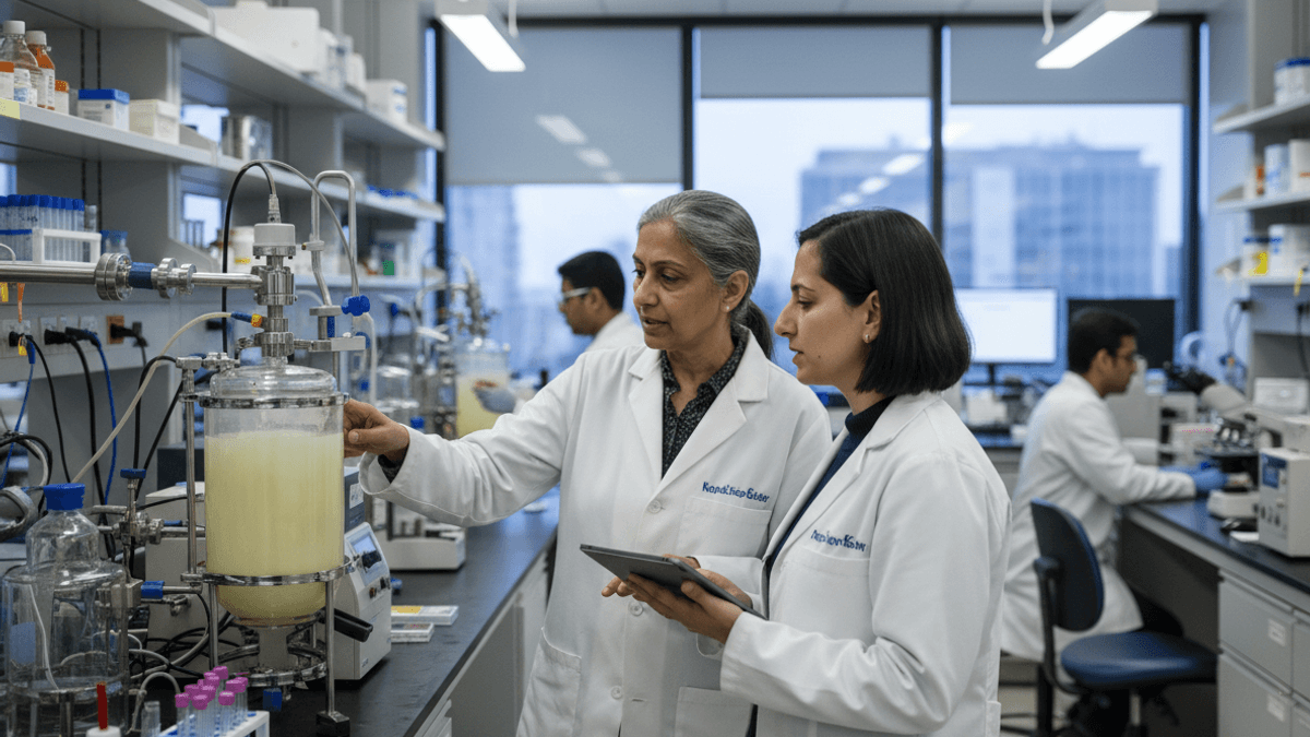 Two women in lab coats, one with a tablet, observe a bioreactor in a busy, well-lit laboratory.