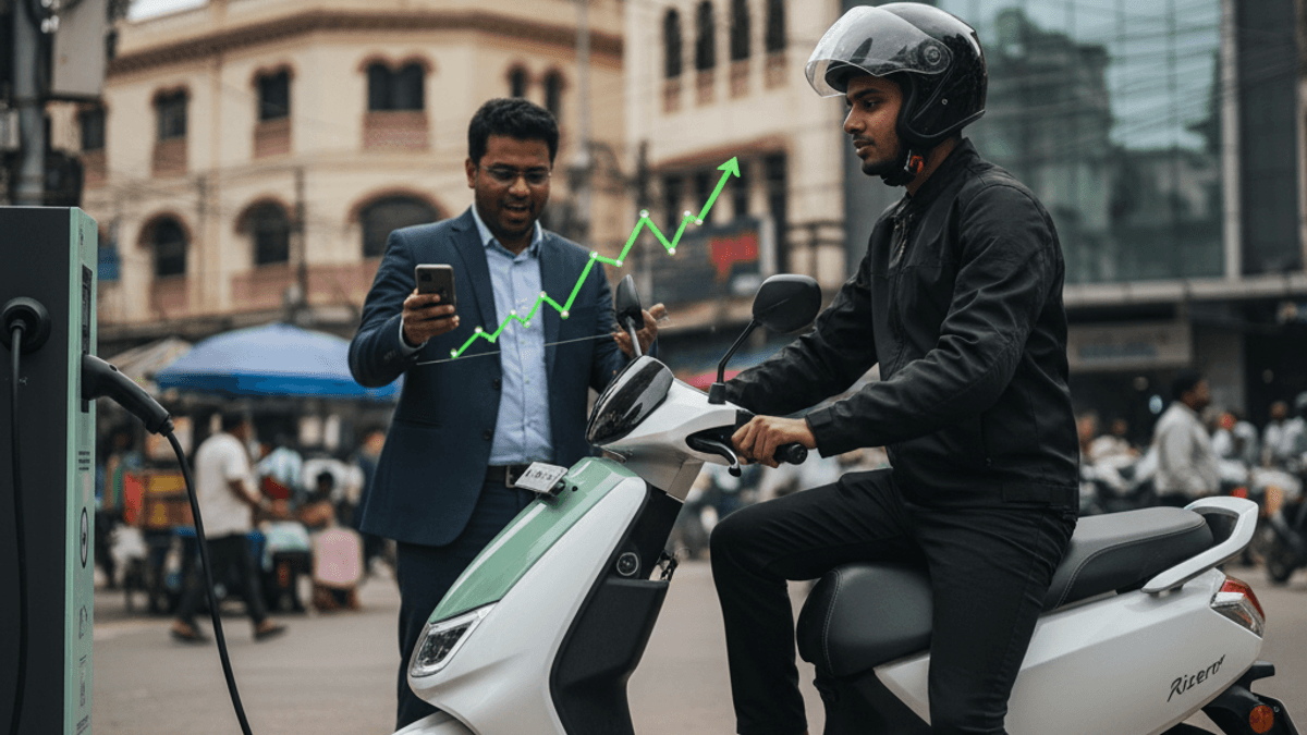 Two men, one on an electric scooter at a charging station and another showing a phone with a stock graph.