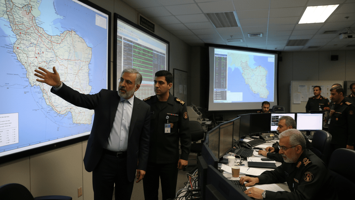An Iranian official gestures at a large map of the region, including the Strait of Hormuz, in a busy command center.