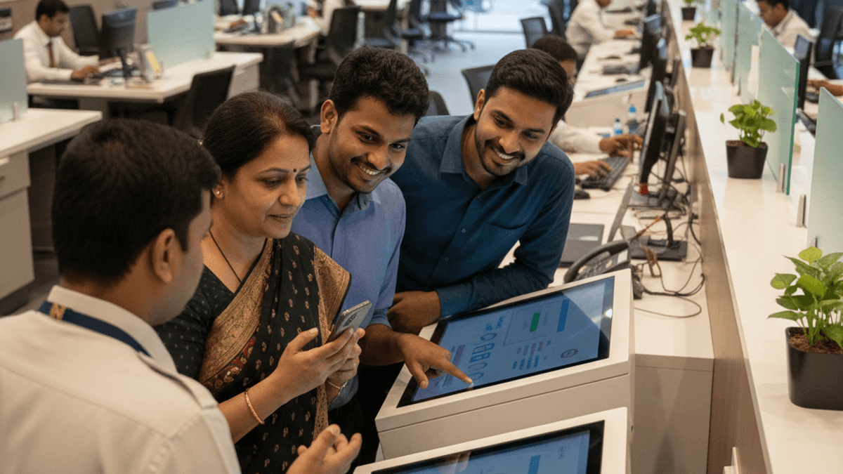 Bank customers and a staff member engaging with modern digital transaction kiosks in a bustling, well-lit bank branch.