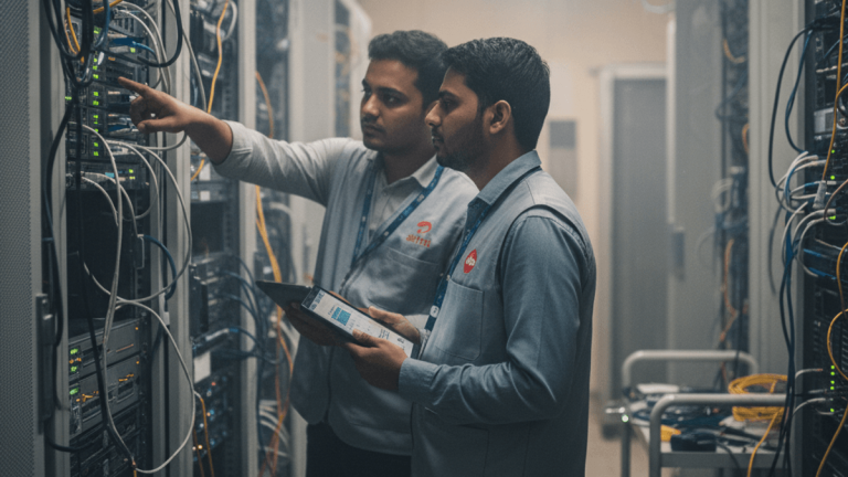 Two engineers in a data center, one pointing to a server rack, the other holding a tablet with network data.