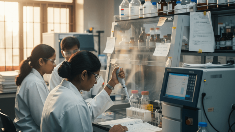Three Indian scientists in lab coats working with equipment and samples in a well-lit laboratory setting.