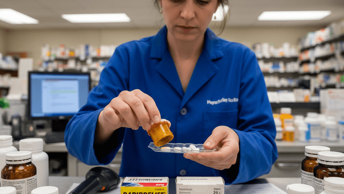 A pharmacist in a blue coat dispenses pills from a bottle into a blister pack, with generic and brand-name medicine boxes on the counter.