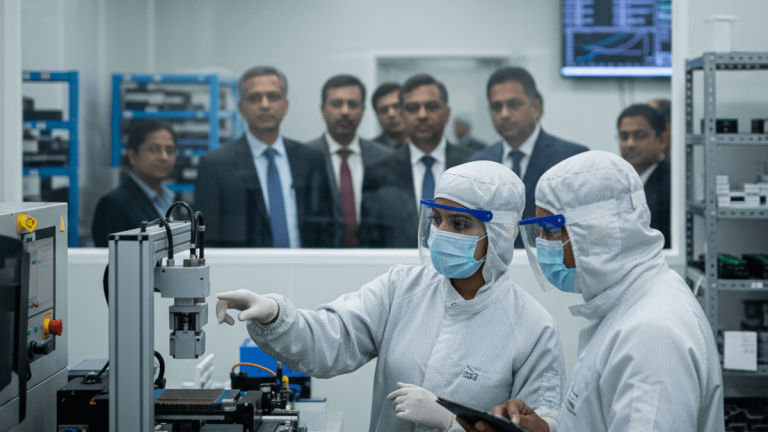 Two engineers in full cleanroom suits operate machinery while a group of men in suits observe from behind a glass partition.