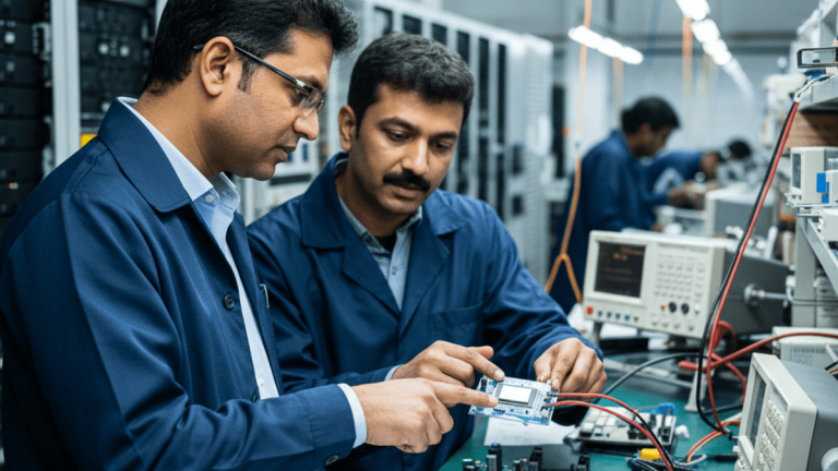 Two Indian engineers in blue lab coats collaborating on a circuit board in a bustling electronics lab.