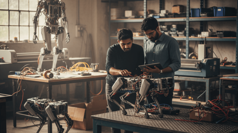 Two engineers meticulously work on robot dogs in a workshop, a humanoid robot stands in the background.