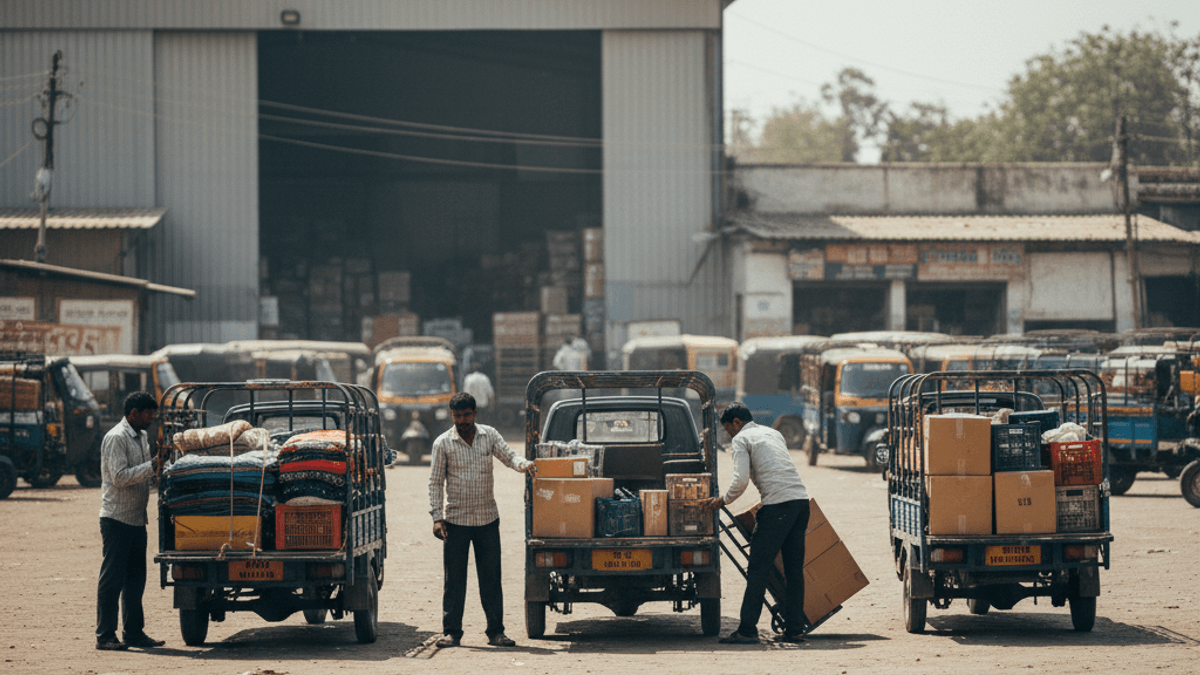 Three workers are actively loading boxes and goods onto the open beds of three small, cargo-style auto-rickshaw trucks in a dusty outdoor logistics yard.