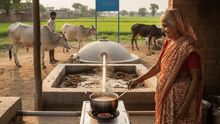 An elderly Indian woman in a sari cooks on a biogas stove outdoors, with a cow dung digester and cows in the background.