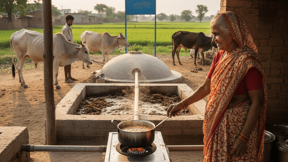 An elderly Indian woman in a sari cooks on a biogas stove outdoors, with a cow dung digester and cows in the background.