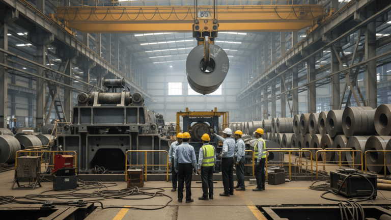 A group of engineers and workers in hard hats observe a large steel coil being moved by an overhead crane in a vast, well-lit factory.