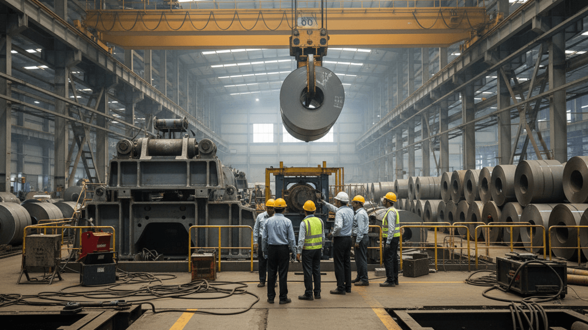 A group of engineers and workers in hard hats observe a large steel coil being moved by an overhead crane in a vast, well-lit factory.