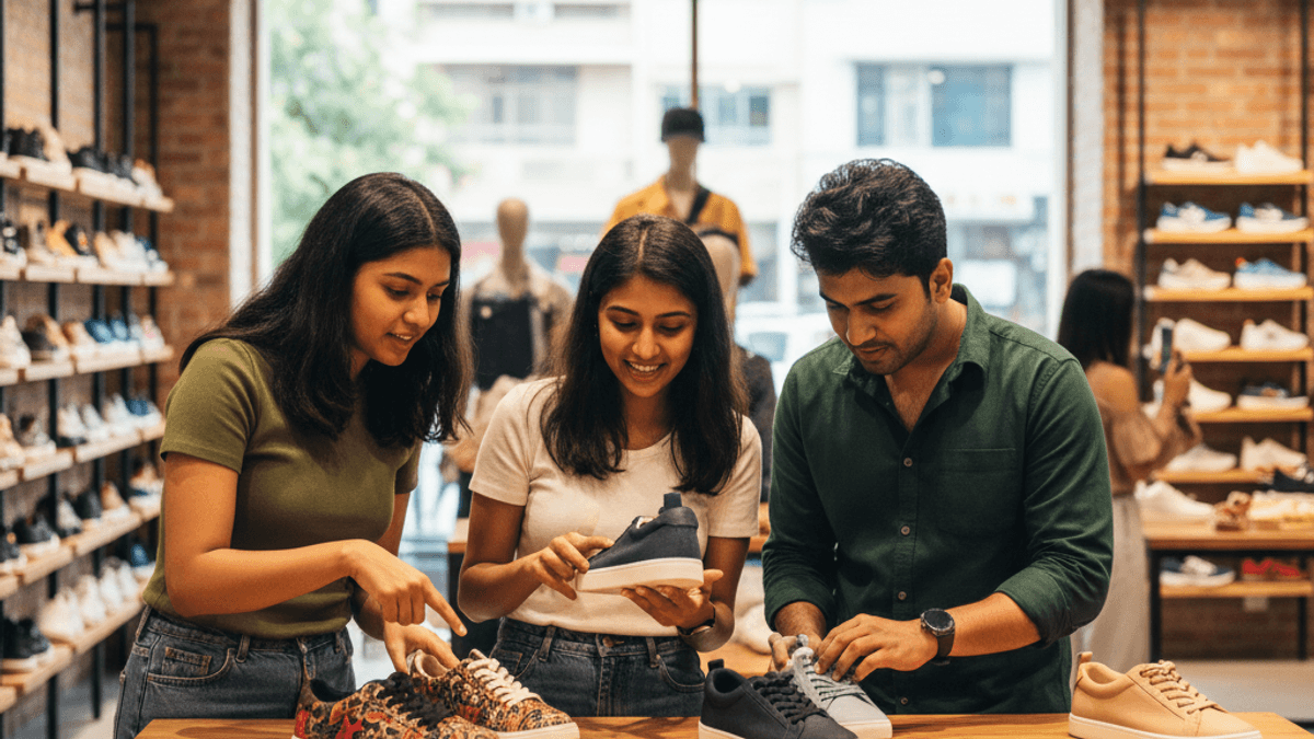 Three young Indian adults, two women and one man, focused on selecting sneakers from a display table in a well-lit shoe store.