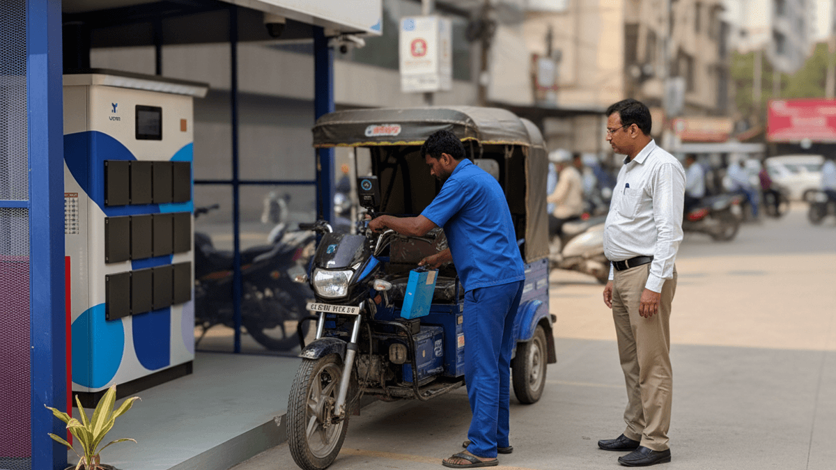 A man in blue swaps a battery on his e-rickshaw at an outdoor Yuma Energy station, while another man watches.