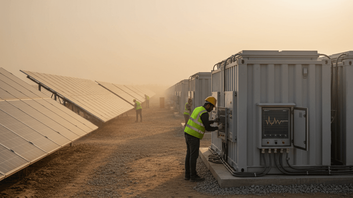 A lone engineer in a hard hat and safety vest works on a large battery storage unit at a solar farm.