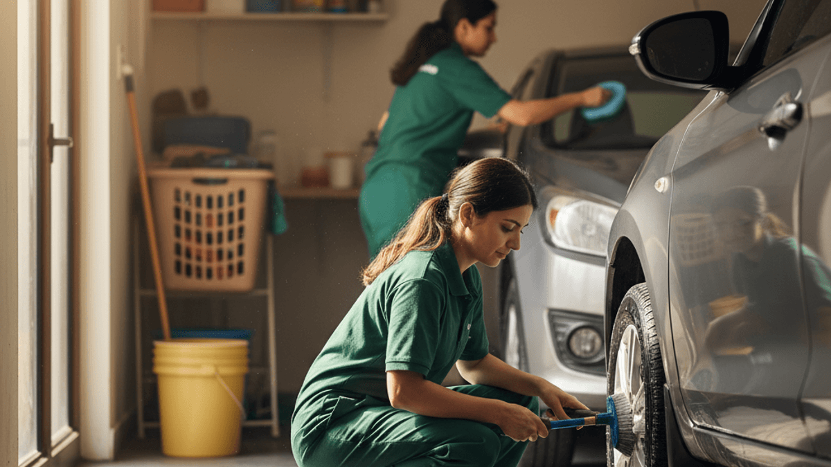 Two women in green uniforms provide car washing services in a well-lit home garage, focusing on a silver car.